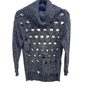Marla Wynne Layers Swiss Cheese Holes Knit Sweater Cowl Neck XS Black Grey